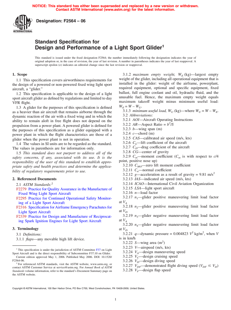 ASTM F2564-06 - Standard Specification for Design and Performance of a Light Sport Glider