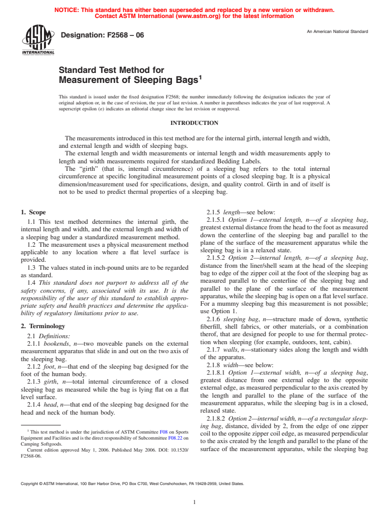 ASTM F2568-06 - Standard Test Method for Measurement of Sleeping Bags