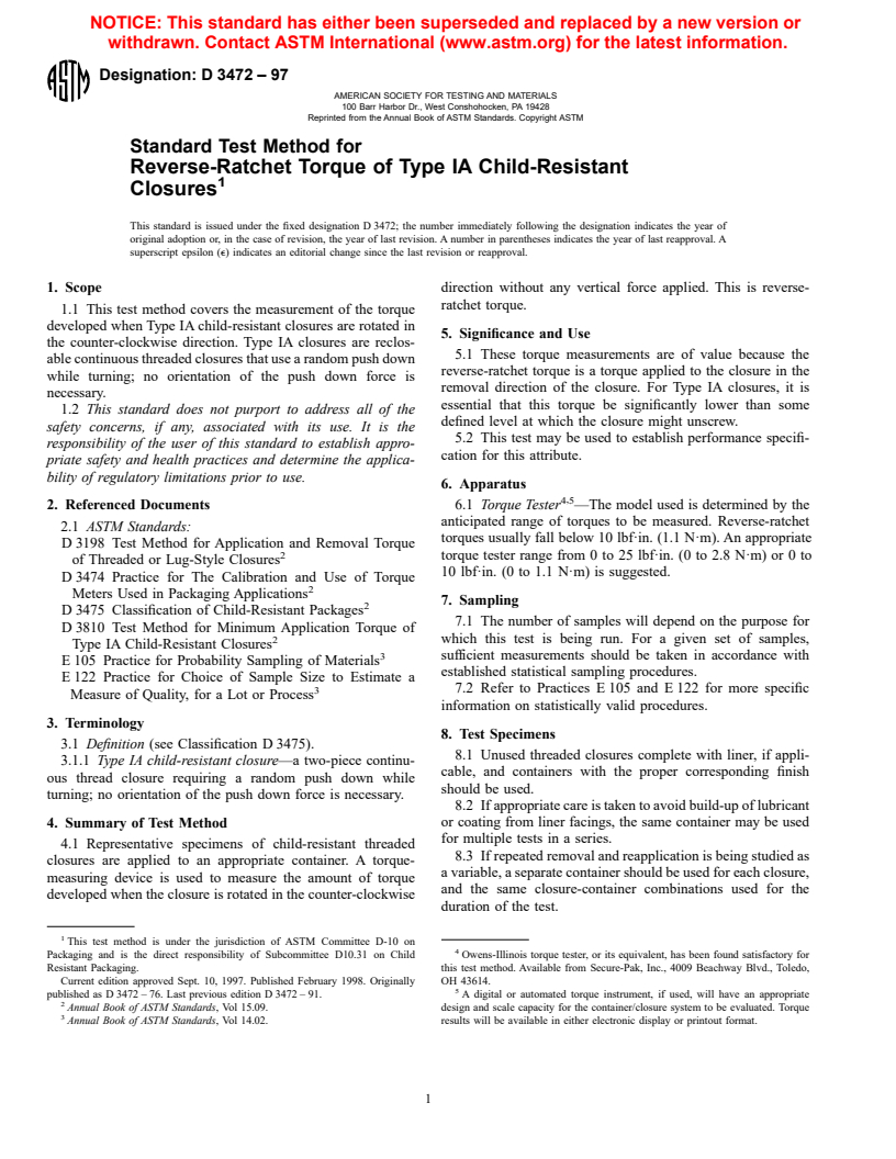 ASTM D3472-97 - Standard Test Method for Reverse-Ratchet Torque of Type IA Child-Resistant Closures