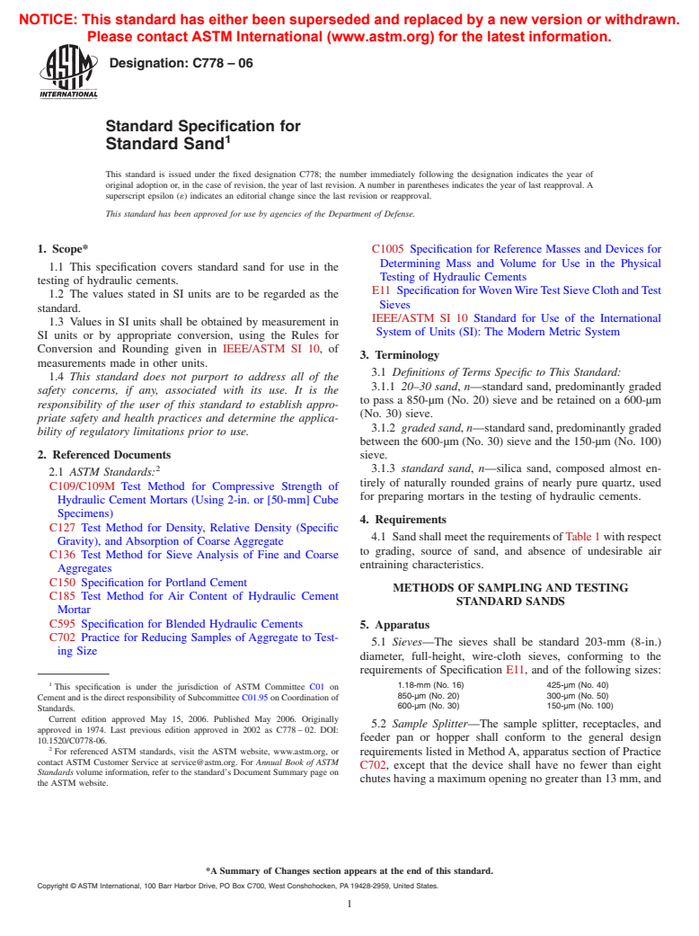 ASTM C778-06 - Standard Specification for Standard Sand