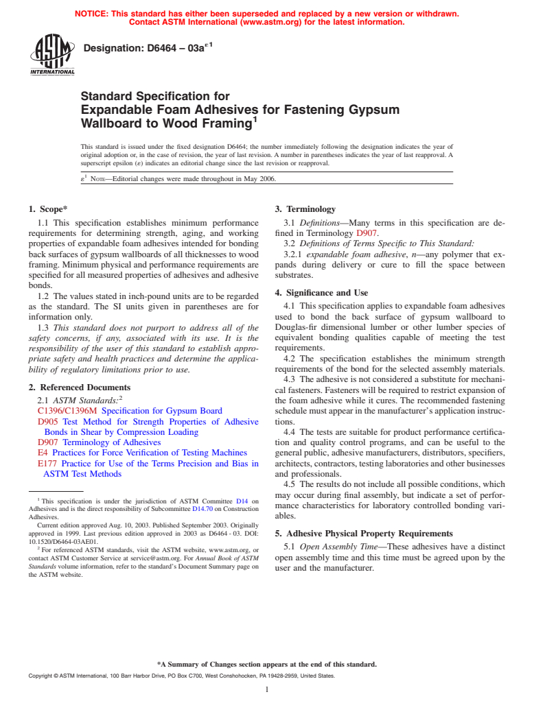 ASTM D6464-03ae1 - Standard Specification for Expandable Foam Adhesives for Fastening Gypsum Wallboard to Wood Framing