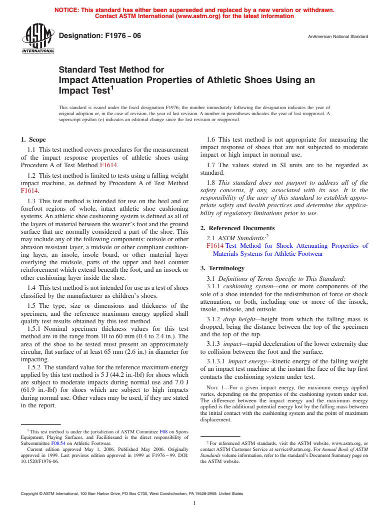 ASTM F1976-06 - Standard Test Method for Impact Attenuation Properties of Athletic Shoes Using an Impact Test