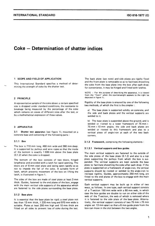 ISO 616:1977 - Coke -- Determination of shatter indices