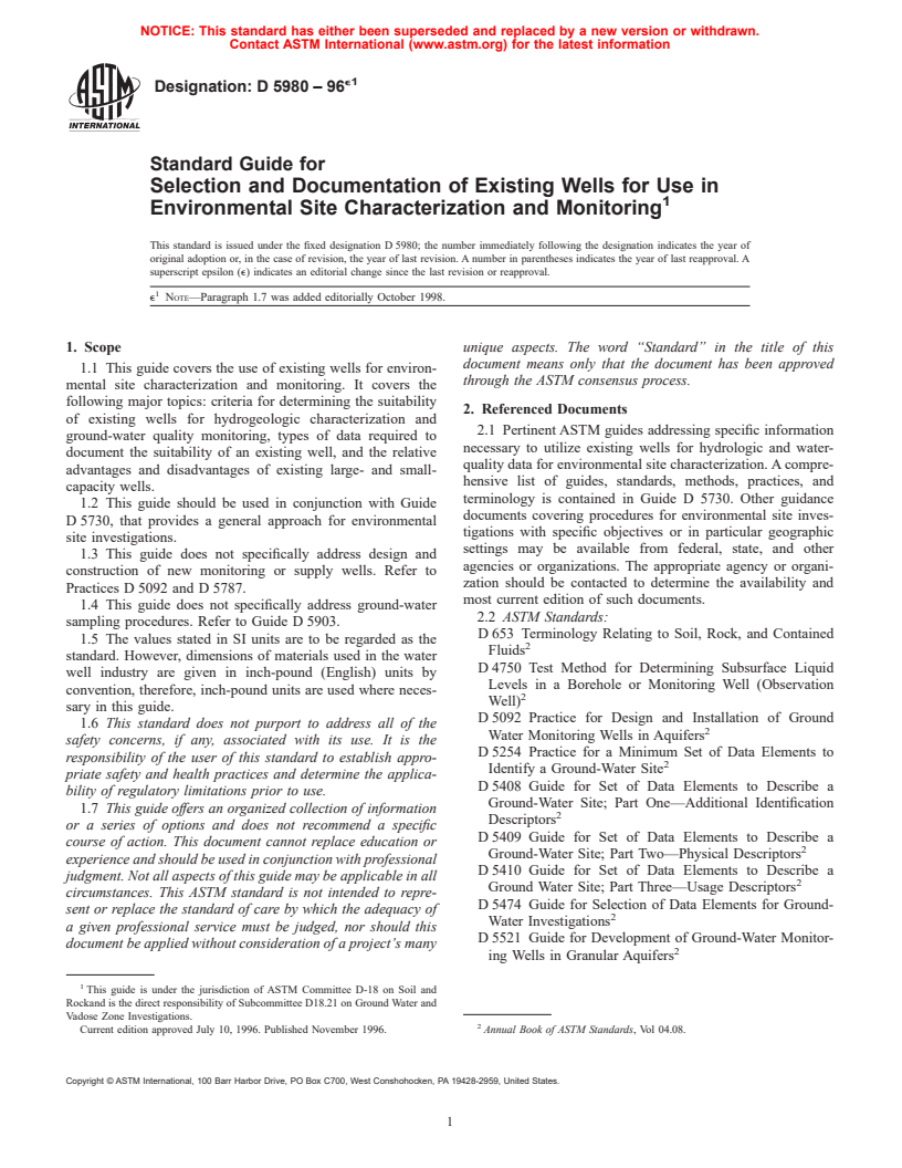 ASTM D5980-96e1 - Standard Guide for Selection and Documentation of Existing Wells for Use in Environmental Site Characterization and Monitoring