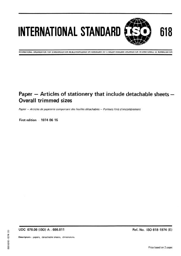 ISO 618:1974 - Paper -- Articles of stationery that include detachable sheets -- Overall trimmed sizes
