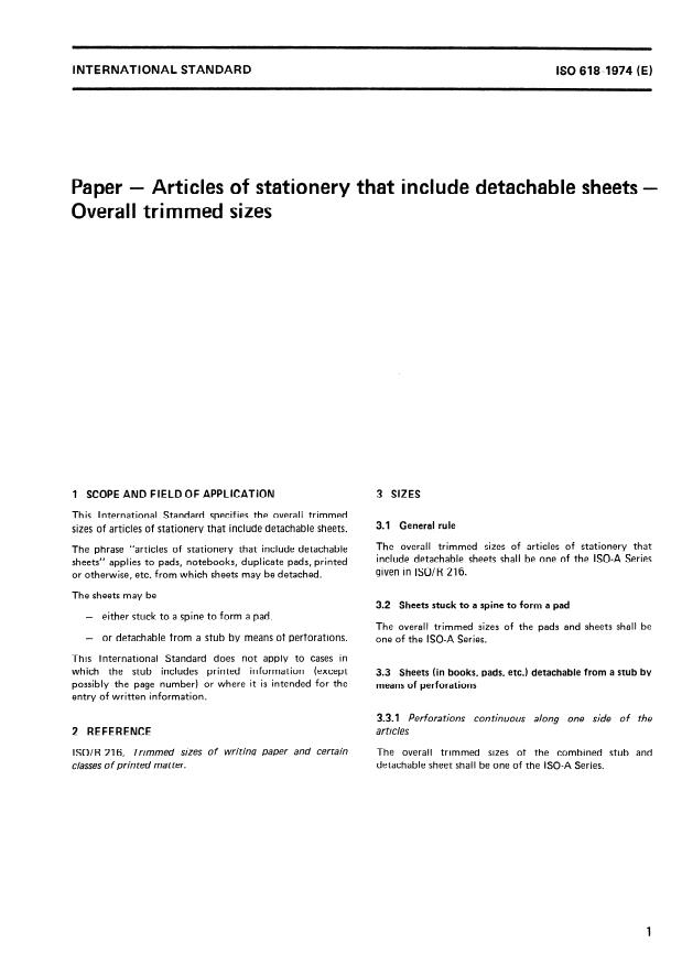 ISO 618:1974 - Paper -- Articles of stationery that include detachable sheets -- Overall trimmed sizes