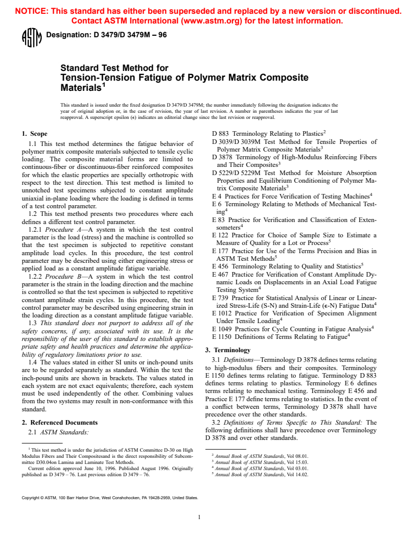 ASTM D3479/D3479M-96 - Standard Test Method for Tension-Tension Fatigue of Polymer Matrix Composite Materials