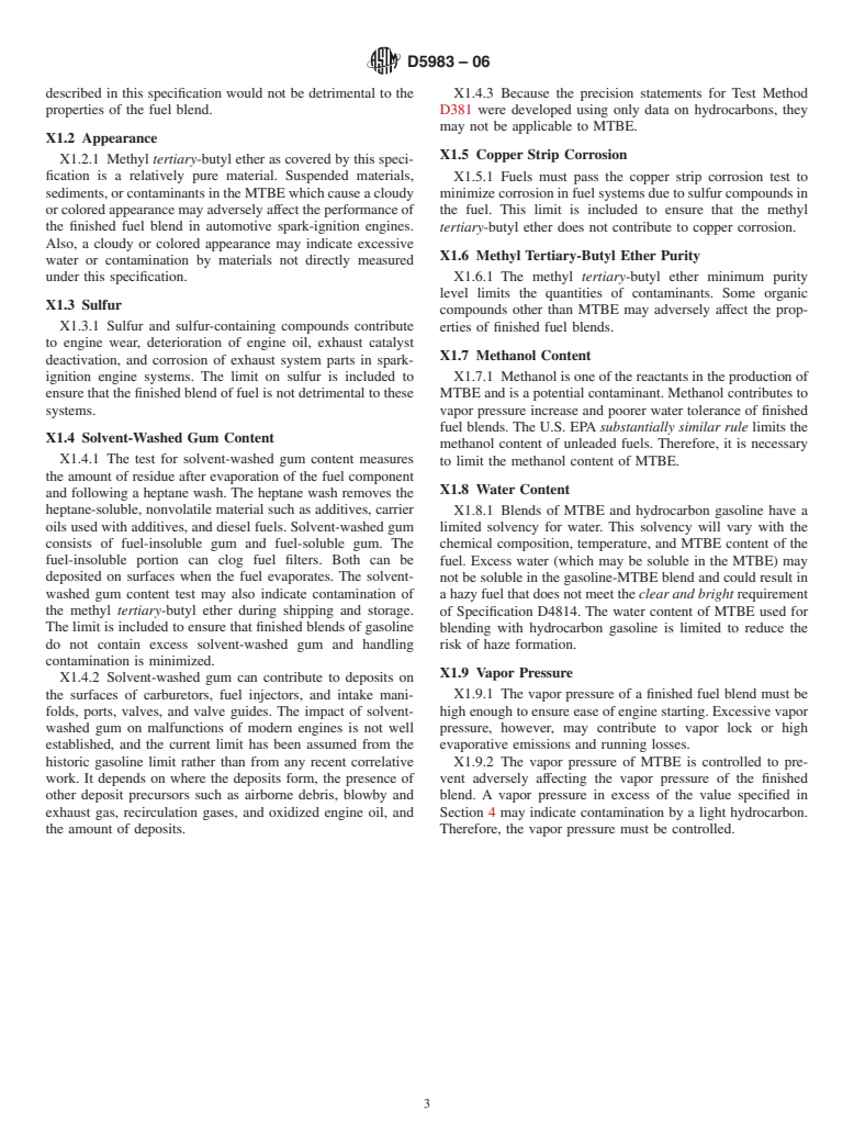 ASTM D5983-06 - Standard Specification for Methyl Tertiary-Butyl Ether (MTBE) for Downstream Blending for Use in Automotive Spark-Ignition Engine Fuel