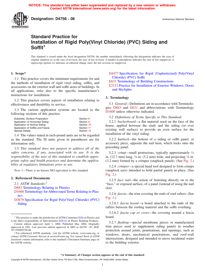 ASTM D4756-06 - Standard Practice for Installation of Rigid Poly(Vinyl Chloride) (PVC) Siding and Soffit