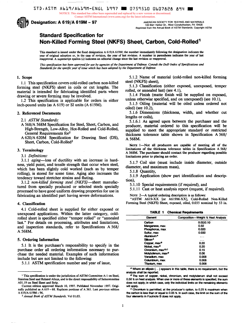 ASTM A619/A619M-97 - Standard Specification for Non-Killed Forming Steel (NKFS) Sheet, Carbon Cold-Rolled (Withdrawn 1997)