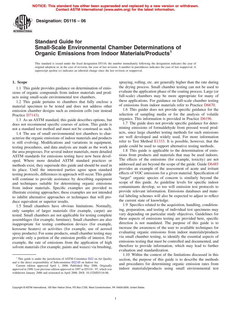 ASTM D5116-06 - Standard Guide for Small-Scale Environmental Chamber Determinations of Organic Emissions From Indoor Materials/Products