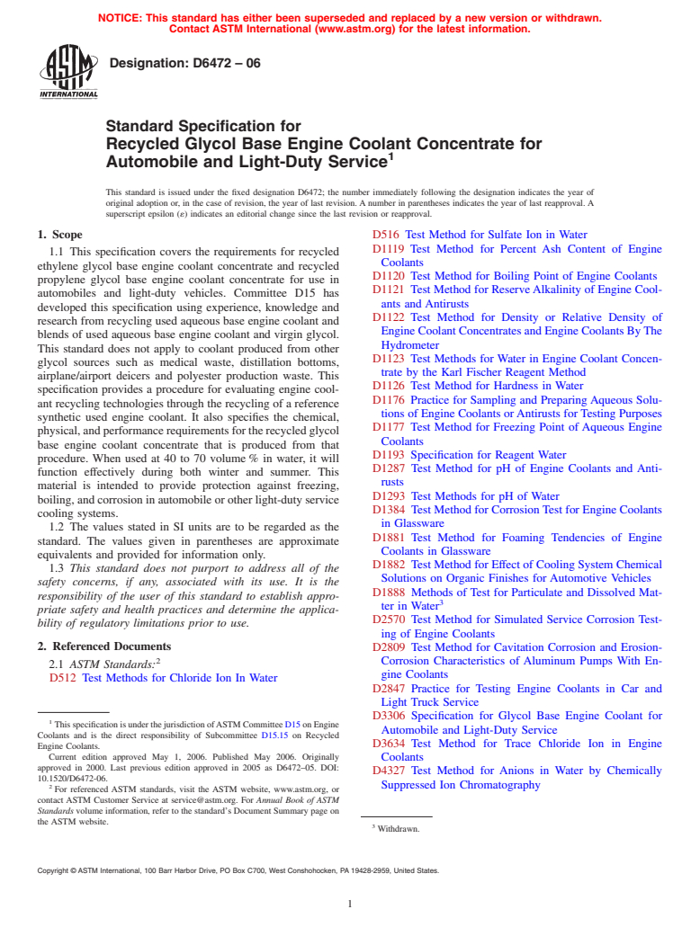 ASTM D6472-06 - Standard Specification for Recycled Glycol Base Engine Coolant Concentrate for Automobile and Light-Duty Service