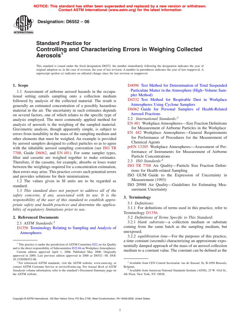 ASTM D6552-06 - Standard Practice for Controlling and Characterizing Errors in Weighing Collected Aerosols