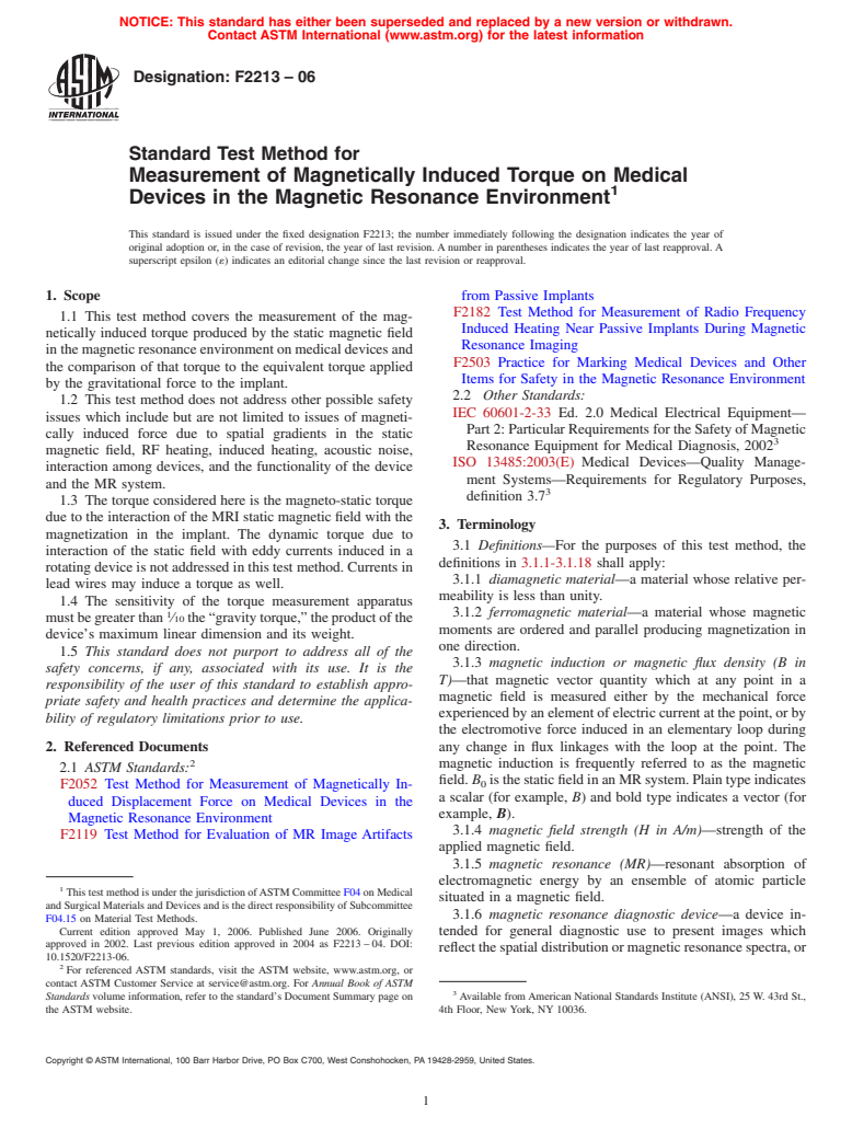 ASTM F2213-06 - Standard Test Method for Measurement of Magnetically Induced Torque on Medical Devices in the Magnetic Resonance Environment