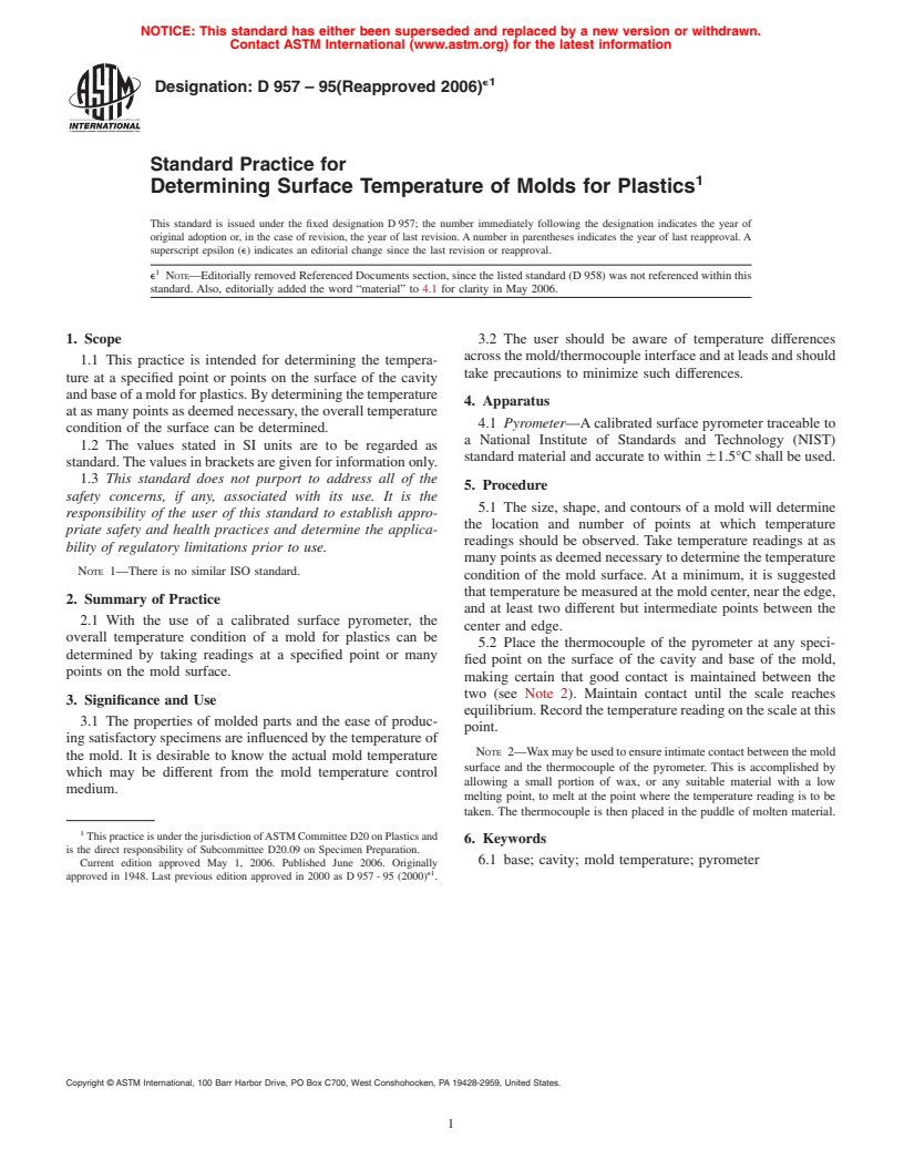 ASTM D957-95(2006)e1 - Standard Practice for Determining Surface Temperature of Molds for Plastics