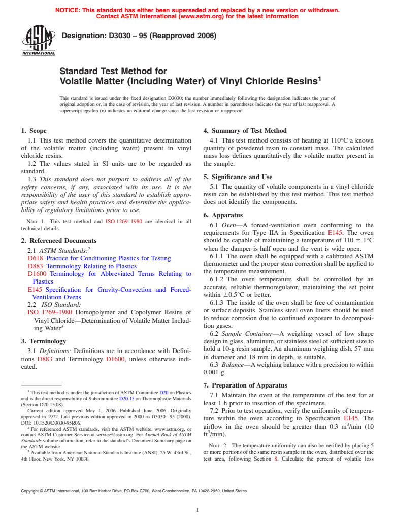 ASTM D3030-95(2006) - Standard Test Method for Volatile Matter (Including Water) of Vinyl Chloride Resins