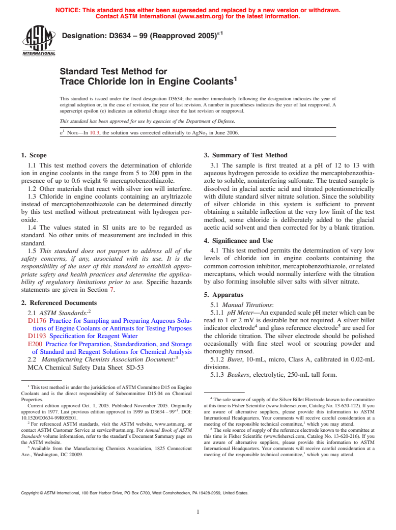 ASTM D3634-99(2005)e1 - Standard Test Method for Trace Chloride Ion in Engine Coolants