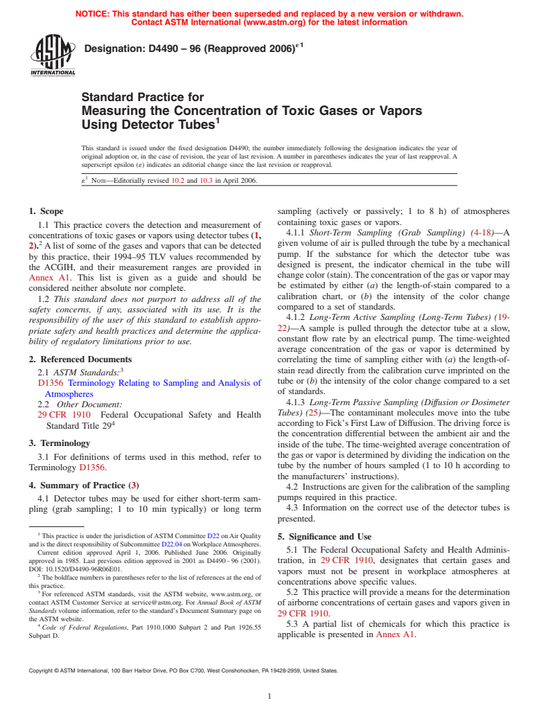 ASTM D4490-96(2006)e1 - Standard Practice for Measuring the Concentration of Toxic Gases or Vapors Using Detector Tubes