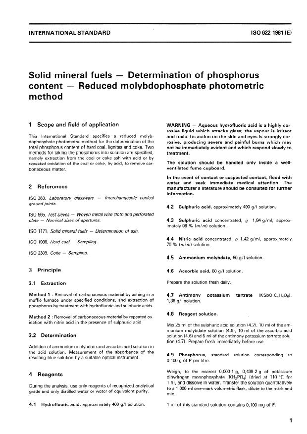 ISO 622:1981 - Solid mineral fuels -- Determination of phorphorus content -- Reduced molybdophosphate photometric method