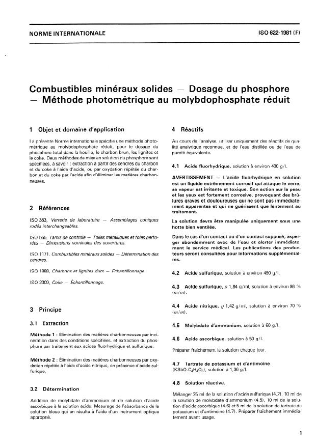ISO 622:1981 - Combustibles minéraux solides -- Dosage du phosphore -- Méthode photométrique au molybdophosphate réduit