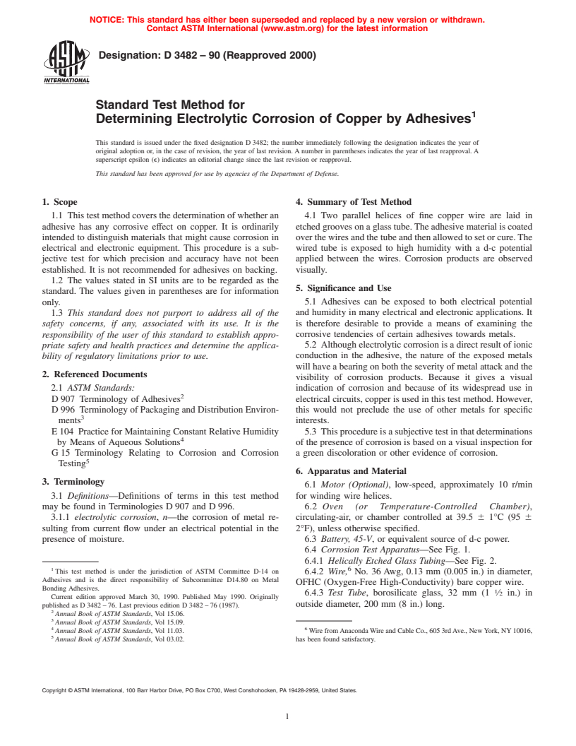 ASTM D3482-90(2000) - Standard Test Method for Determining Electrolytic Corrosion of Copper by Adhesives