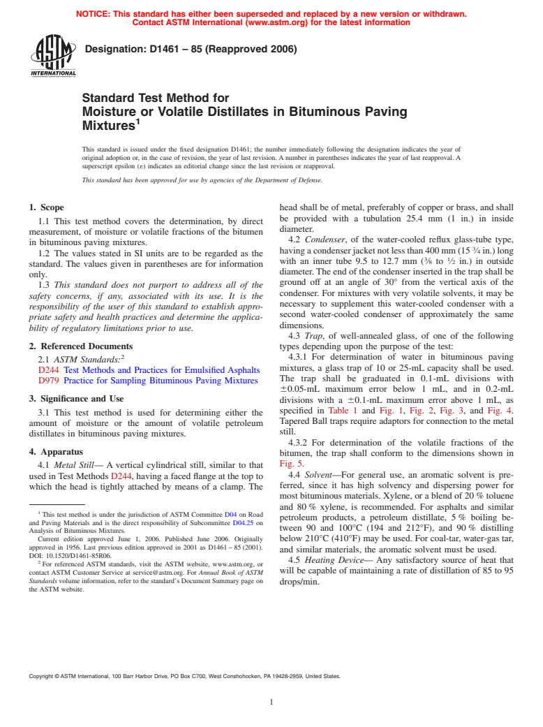 ASTM D1461-85(2006) - Standard Test Method for Moisture or Volatile Distillates in Bituminous Paving Mixtures