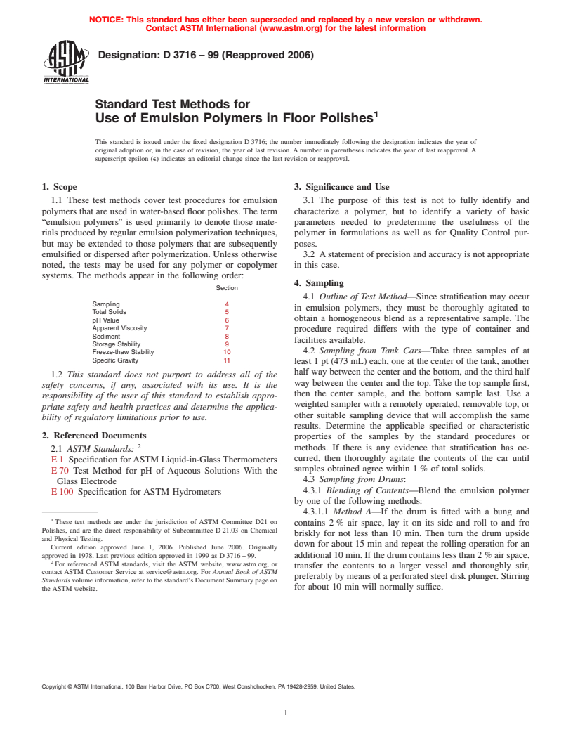 ASTM D3716-99(2006) - Standard Test Methods for Use of Emulsion Polymers in Floor Polishes