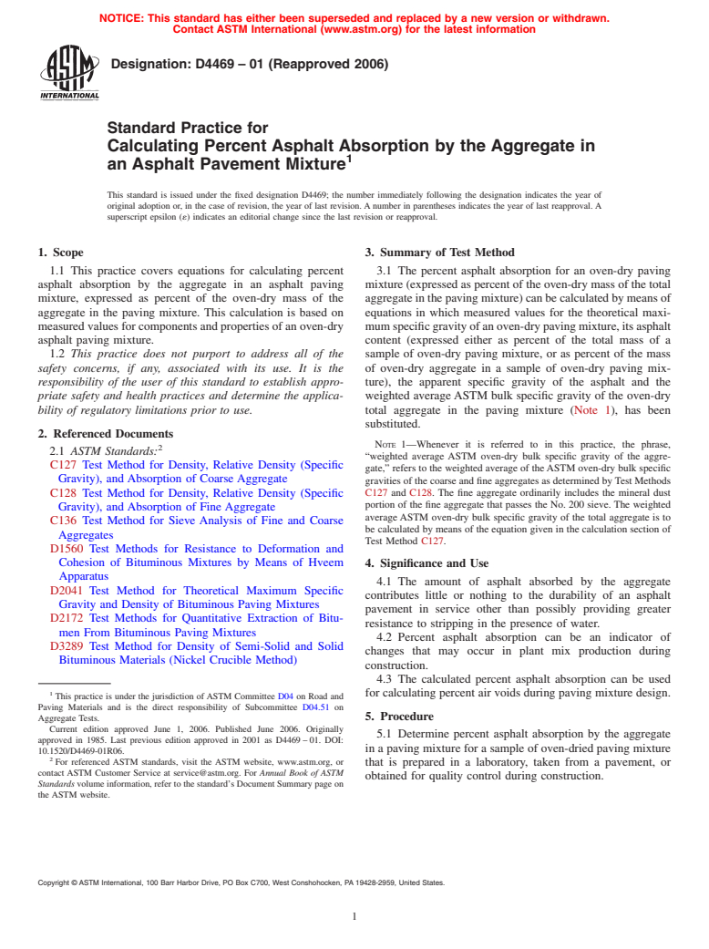 ASTM D4469-01(2006) - Standard Practice for Calculating Percent Asphalt Absorption by the Aggregate in an Asphalt Pavement Mixture