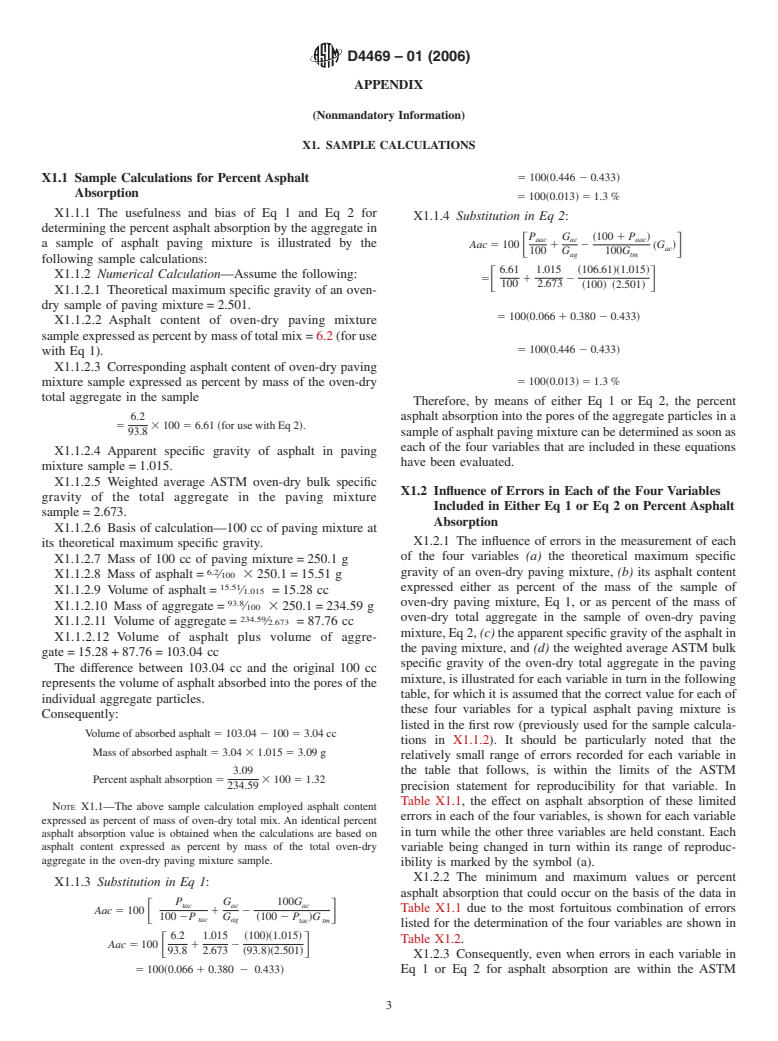 ASTM D4469-01(2006) - Standard Practice for Calculating Percent Asphalt Absorption by the Aggregate in an Asphalt Pavement Mixture