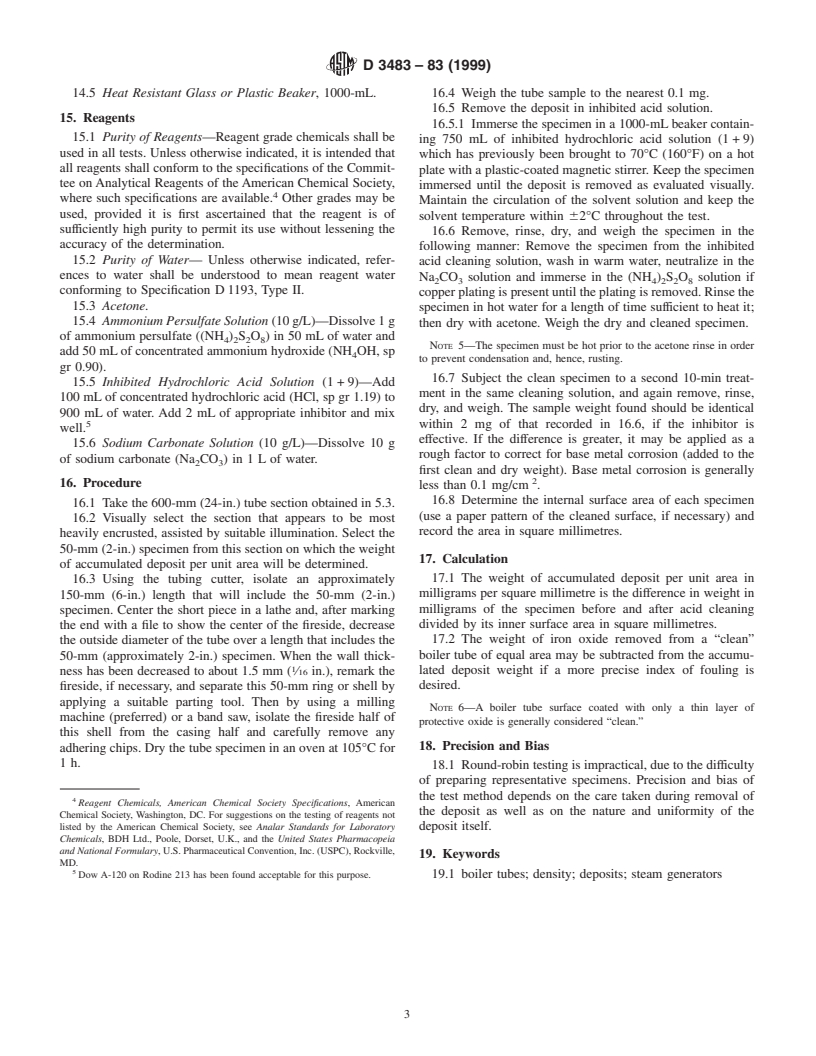 ASTM D3483-83(1999) - Standard Test Methods for Accumulated Deposition in a Steam Generator Tube