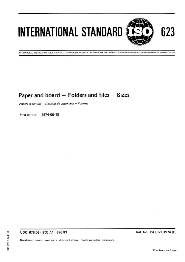 ISO 623:1974 - Paper and board -- Folders and files -- Sizes