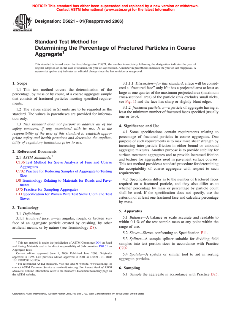 ASTM D5821-01(2006) - Standard Test Method for Determining the Percentage of Fractured Particles in Coarse Aggregate