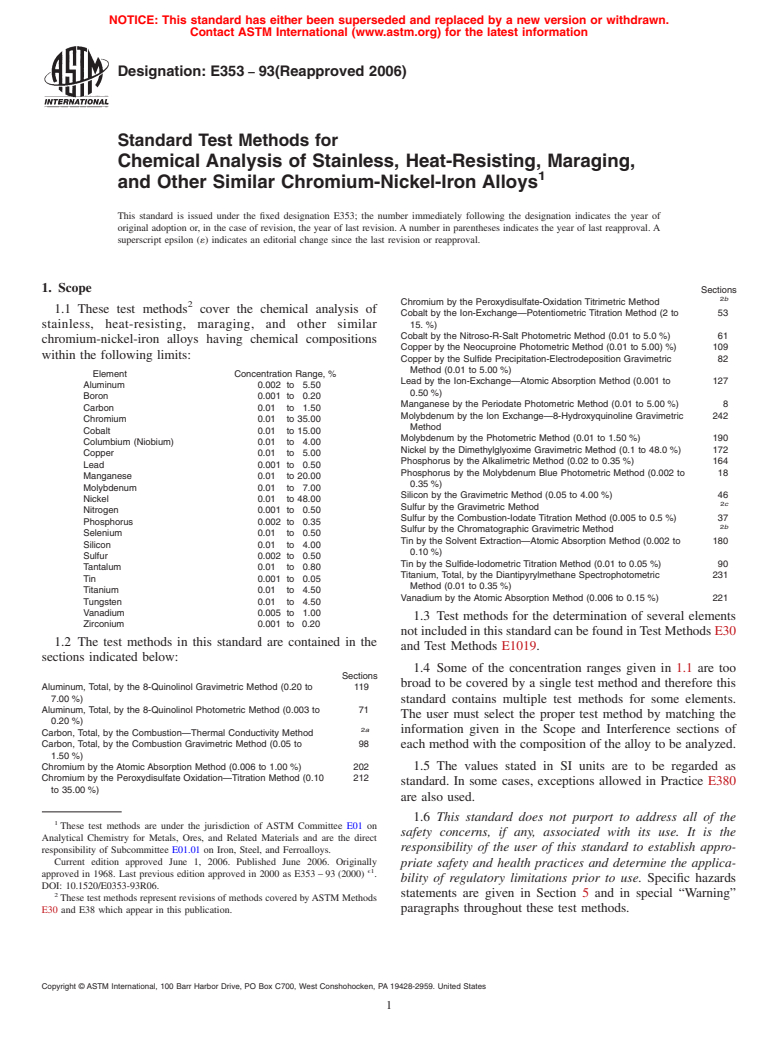 ASTM E353-93(2006) - Standard Test Methods for Chemical Analysis of Stainless, Heat-Resisting, Maraging, and Other Similar Chromium-Nickel-Iron Alloys