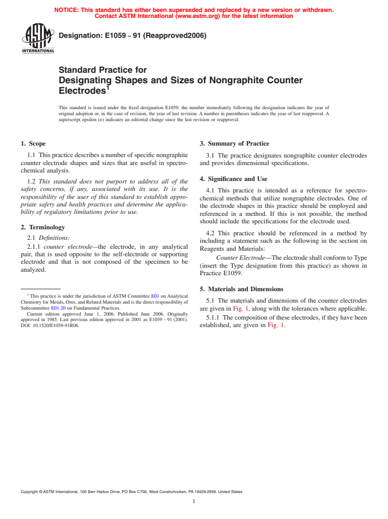 ASTM E1059-91(2006) - Standard Practice for Designating Shapes and Sizes of Nongraphite Counter Electrodes