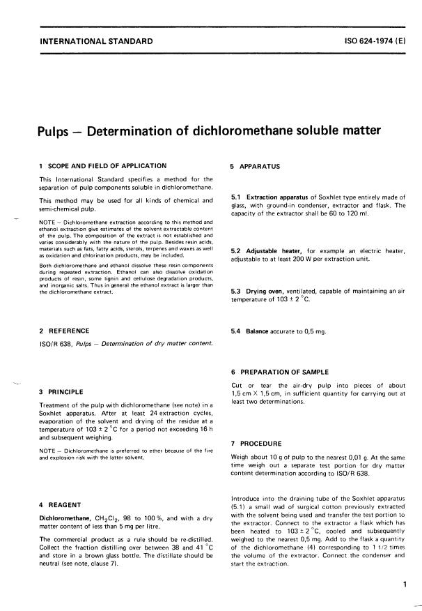 ISO 624:1974 - Pulps -- Determination of dichloromethane soluble matter