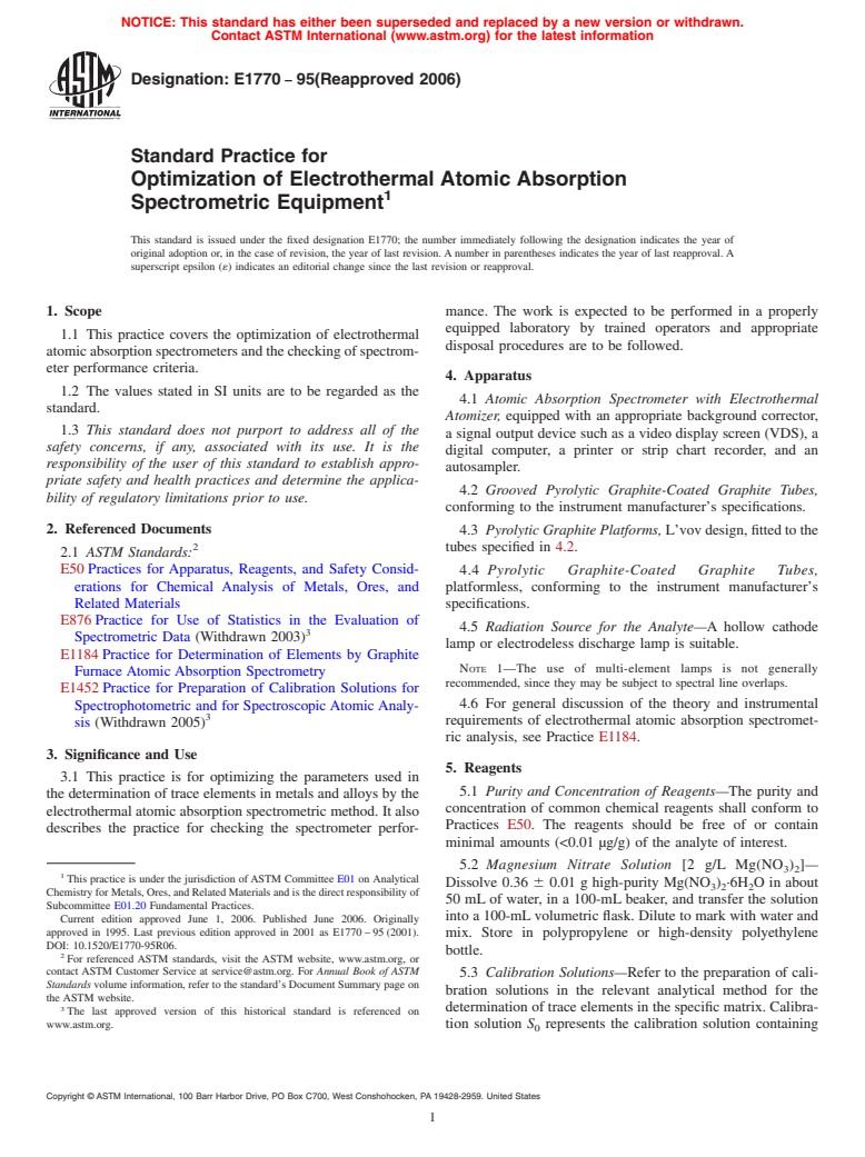 ASTM E1770-95(2006) - Standard Practice for Optimization of Electrothermal Atomic Absorption Spectrometric Equipment