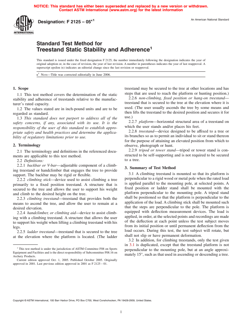 ASTM F2125-05e1 - Standard Test Method for Treestand Static Stability and Adherence