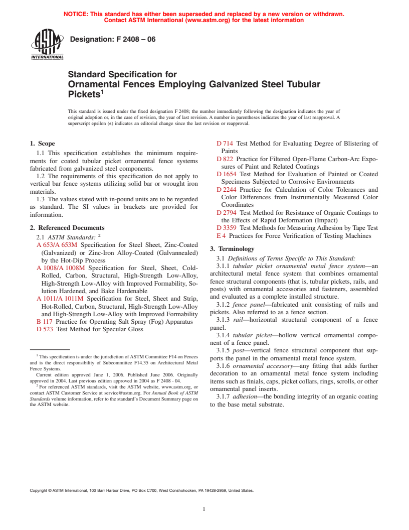 ASTM F2408-06 - Standard Specification for Ornamental Fences Employing Galvanized Steel Tubular Pickets