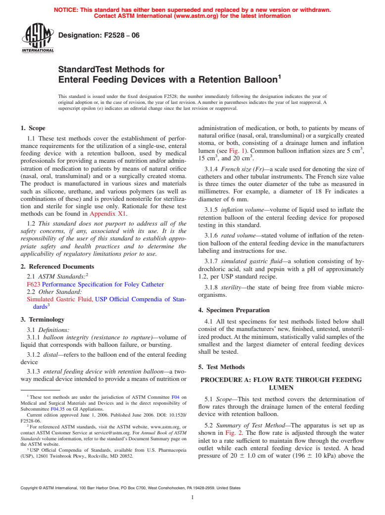 ASTM F2528-06 - Standard Test Methods for Enteral Feeding Devices with a Retention Balloon