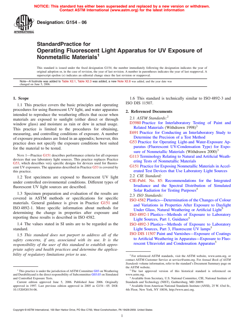 ASTM G154-06 - Standard Practice for Operating Fluorescent Light Apparatus for UV Exposure of Nonmetallic Materials