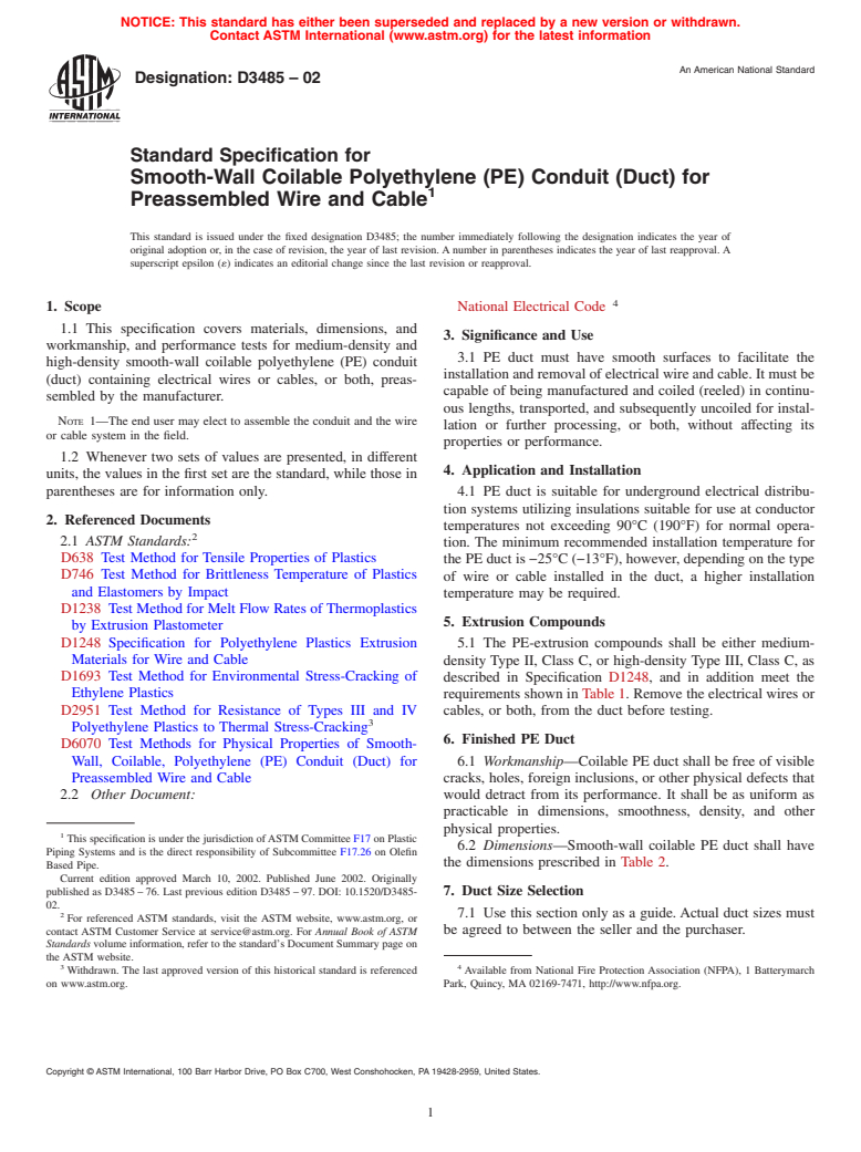 ASTM D3485-02 - Standard Specification for Smooth-Wall Coilable Polyethylene (PE) Conduit (Duct) for Preassembled Wire and Cable (Withdrawn 2011)