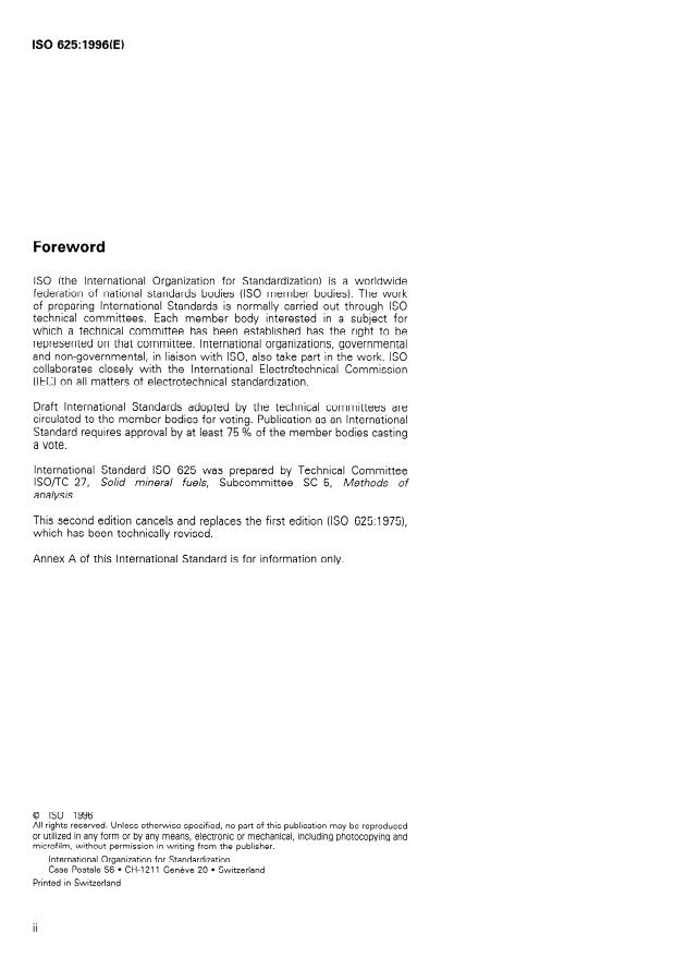 SIST ISO 625:1998 ISO 625:1996 - Solid mineral fuels -- Determination of carbon and hydrogen -- Liebig method - Page 2 preview