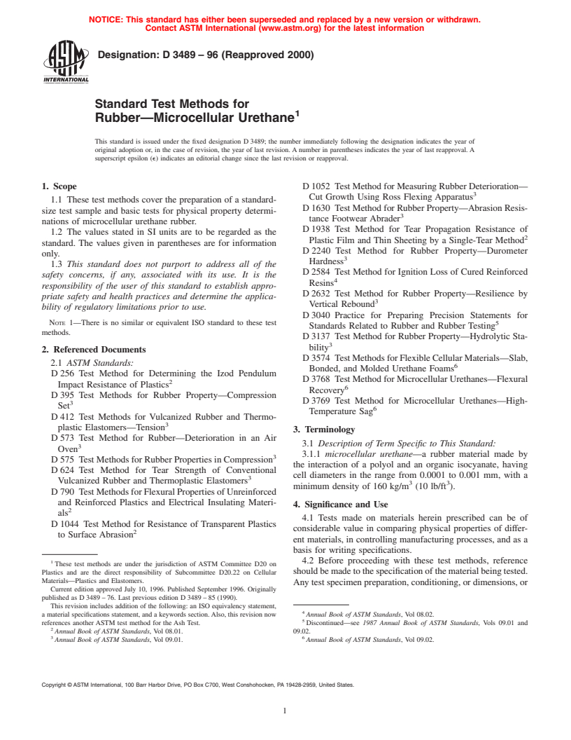 ASTM D3489-96(2000) - Standard Test Methods for Rubber--Microcellular Urethane