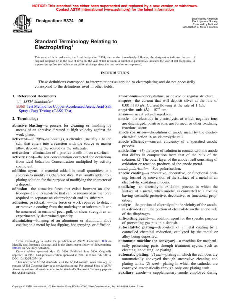 ASTM B374-06 - Standard Terminology Relating to Electroplating