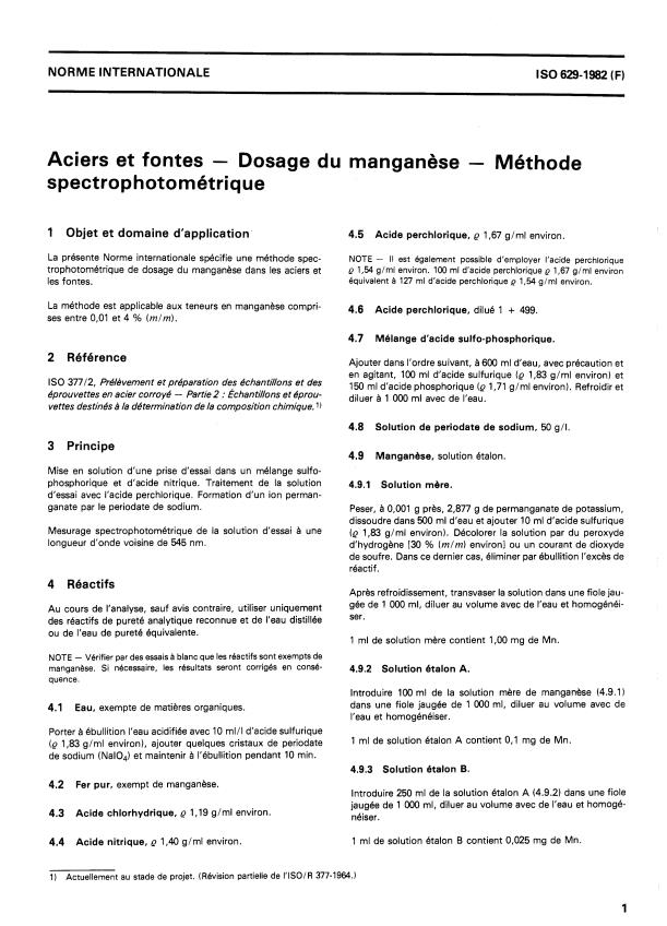 ISO 629:1982 - Aciers et fontes -- Dosage du manganese -- Méthode spectrophotométrique