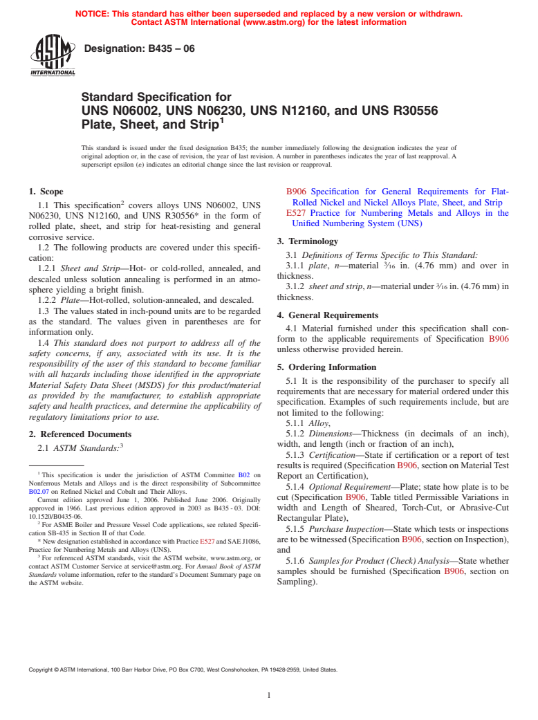 ASTM B435-06 - Standard Specification for UNS N06002, UNS N06230, UNS N12160, and UNS R30556 Plate, Sheet, and Strip