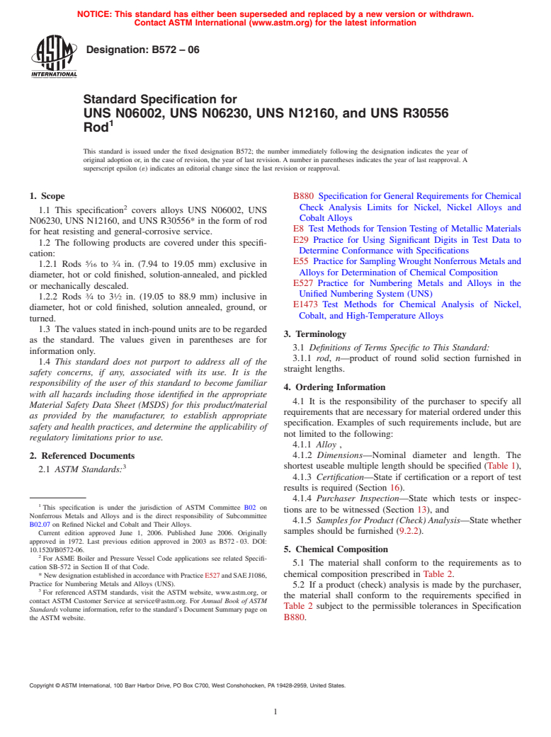 ASTM B572-06 - Standard Specification for UNS N06002, UNS N06230, UNS N12160, and UNS R30556 Rod