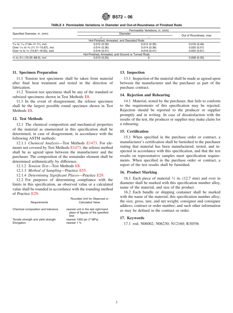 ASTM B572-06 - Standard Specification for UNS N06002, UNS N06230, UNS N12160, and UNS R30556 Rod