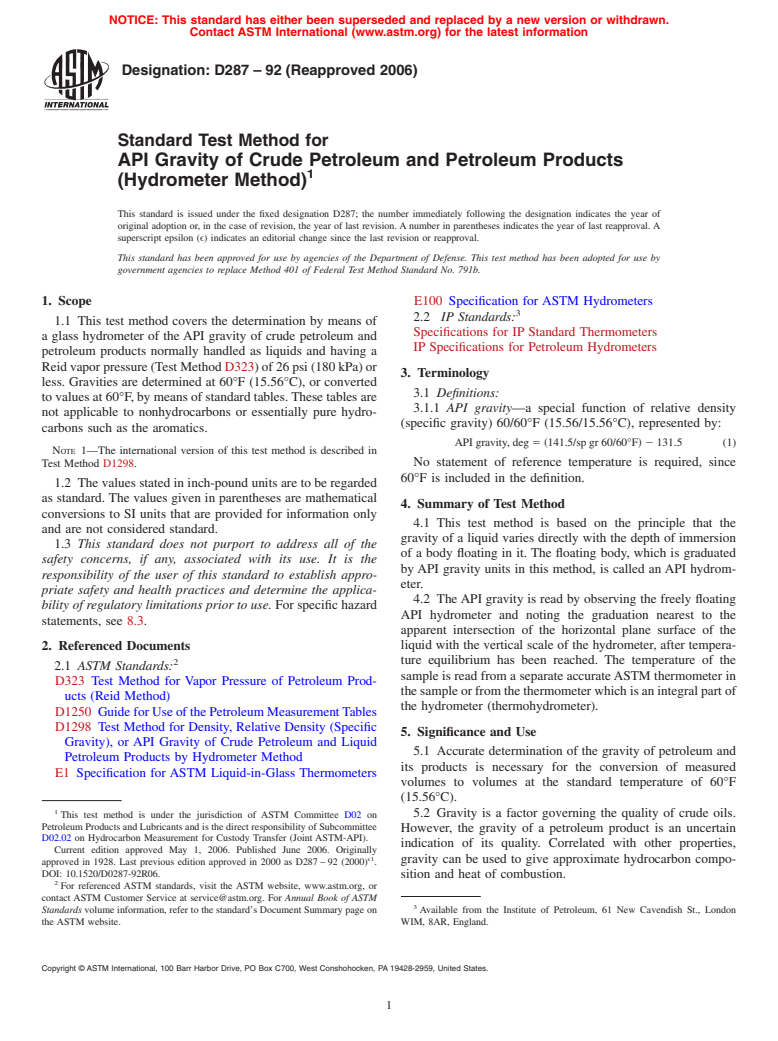 ASTM D287-92(2006) - Standard Test Method for API Gravity of Crude Petroleum and Petroleum Products (Hydrometer Method)