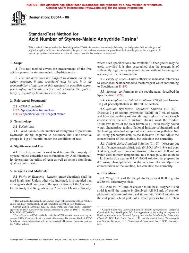 ASTM D3644-06 - Standard Test Method for Acid Number of Styrene-Maleic Anhydride Resins